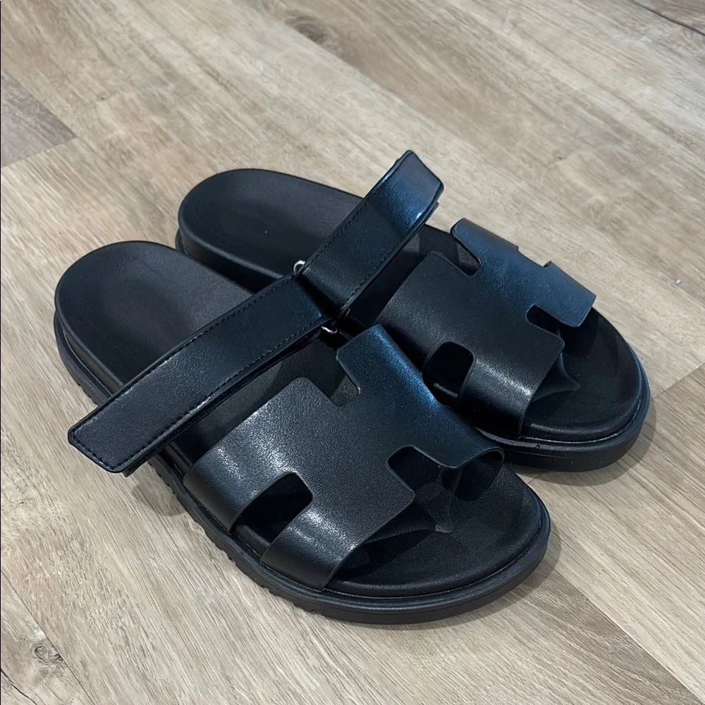 Black Women's Slide Sandals with Adjustable Strap